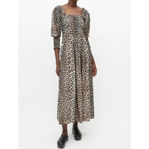 GANNI Leopard Print Maxi Dress Smocked Silk Blend EU 32 US 0 Mob Wife Luxury - Picture 3 of 16